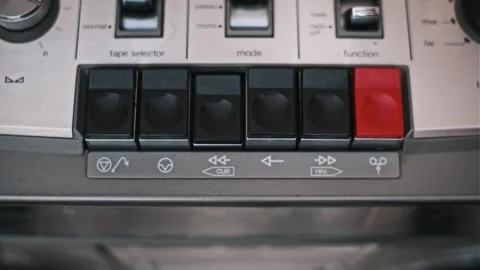 Hand Presses Rewind Button on Vintage Tape Deck Stock Footage 301681259