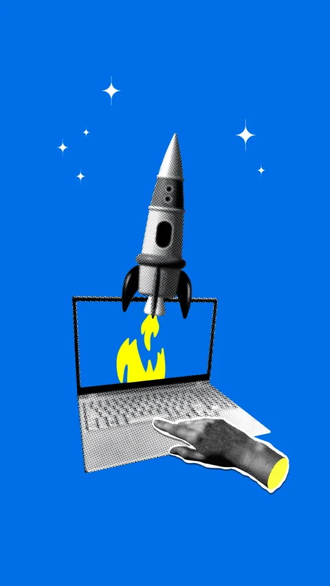 Hand presses start button on laptop. Rocket flies out of the laptop screen Stock Footage 331216684
