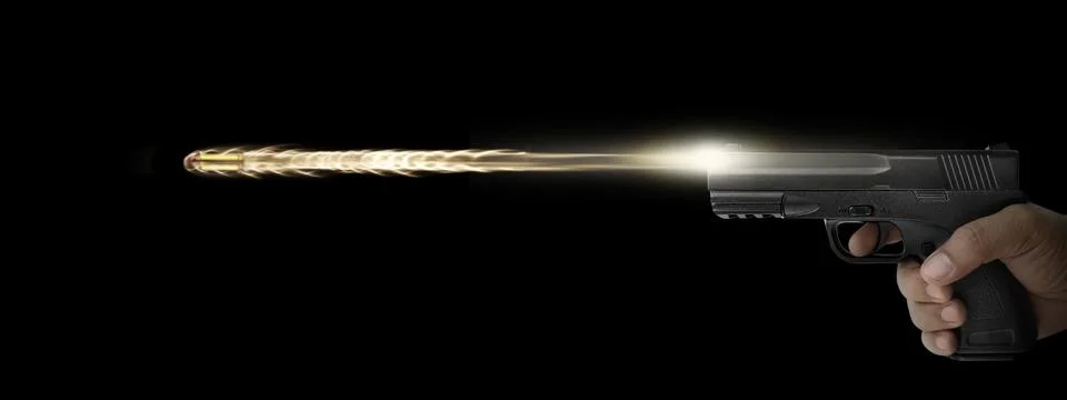 The hand presses the trigger of the gun and the flame from the shot escapes f Stock Illustration