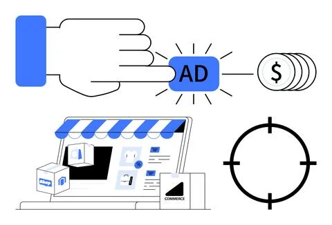 Hand pressing AD button, computer screen with e-commerce storefront, target i Stock Illustration