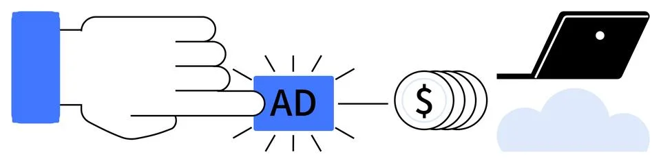 Hand Pressing Ad Button Connected to Coins and Laptop Over Cloud - Online A.. Stock Illustration