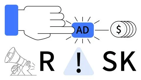 Hand pressing ad button with exclamation mark warning triangle, coins, and me Stock Illustration