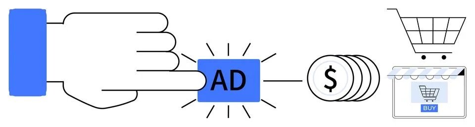 Hand pressing ad button leading to monetary gain and online shopping with a.. Stock Illustration