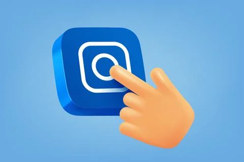 Hand pressing blue button with messenger icon. 3d vector illustration Stock Illustration