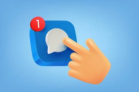 Hand pressing blue button with new message icon. 3d vector illustration Stock Illustration