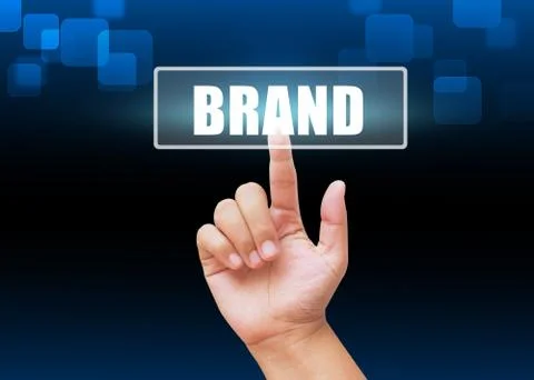 Hand pressing brand button with technology background Stock-Fotos