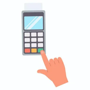 Hand pressing button. Bank terminal. Contactless payment. Vector illustrati.. Illustrazione stock