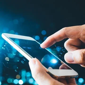 Hand pressing button with contact on virtual screens as concept touchscreen Stock Photos