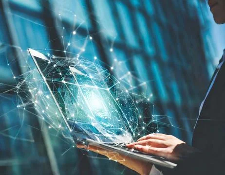 Hand pressing button with contact on virtual screens as concept touchscreen Stock Photos