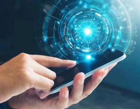 Hand pressing button with contact on virtual screens as concept touchscreen Stock Photos