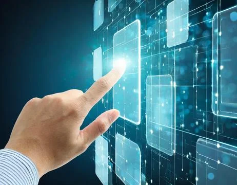 Hand pressing button with contact on virtual screens as concept touchscreen Stock Photos