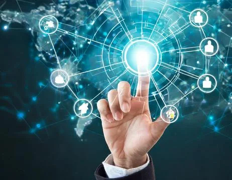 Hand pressing button with contact on virtual screens as concept touchscreen Foto stock