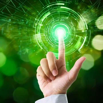 Hand pressing button with contact on virtual screens as concept touchscreen Foto stock
