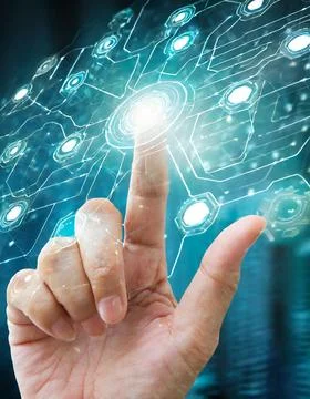 Hand pressing button with contact on virtual screens as concept touchscreen Stock Photos