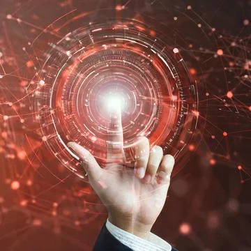 Hand pressing button with contact on virtual screens as concept touchscreen Stock Photos