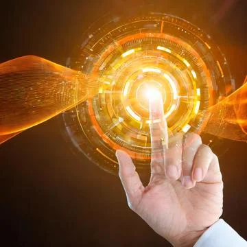 Hand pressing button with contact on virtual screens as concept touchscreen Stock Photos