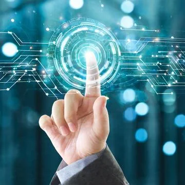 Hand pressing button with contact on virtual screens as concept touchscreen Stock Photos