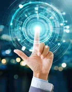Hand pressing button with contact on virtual screens as concept touchscreen Stock Photos