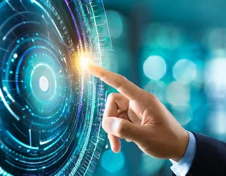Hand pressing button with contact on virtual screens as concept touchscreen Foto stock