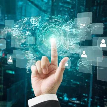 Hand pressing button with contact on virtual screens as concept touchscreen Stock Photos