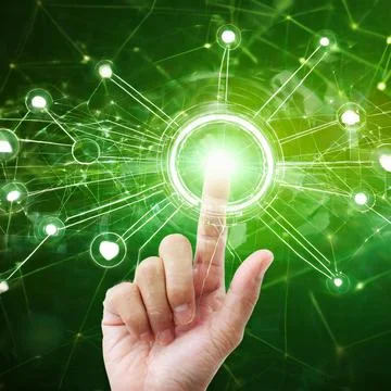 Hand pressing button with contact on virtual screens as concept touchscreen Stock Photos