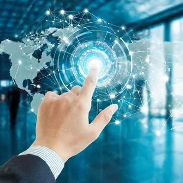 Hand pressing button with contact on virtual screens as concept touchscreen Stock Photos