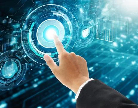 Hand pressing button with contact on virtual screens as concept touchscreen Stock Photos