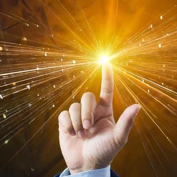 Hand pressing button with contact on virtual screens as concept touchscreen Stock Photos