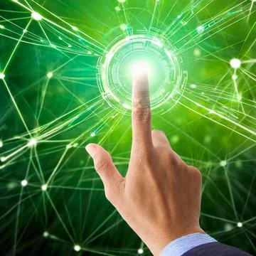 Hand pressing button with contact on virtual screens as concept touchscreen Stock Photos