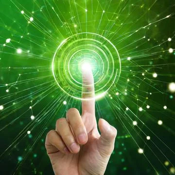 Hand pressing button with contact on virtual screens as concept touchscreen Foto stock
