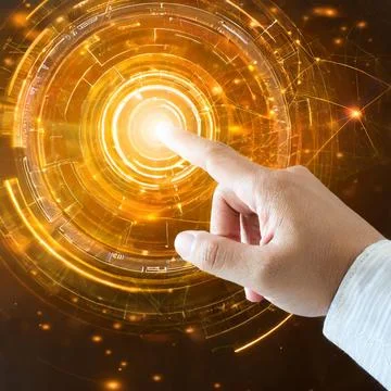 Hand pressing button with contact on virtual screens as concept touchscreen Foto stock