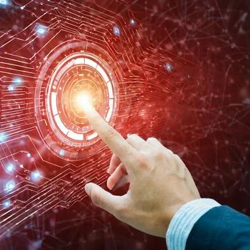 Hand pressing button with contact on virtual screens as concept touchscreen Stock Photos