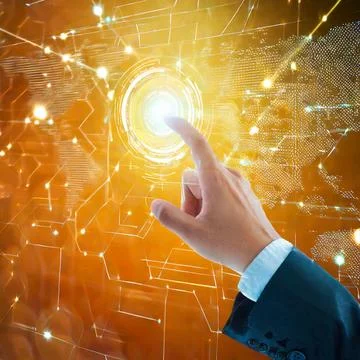 Hand pressing button with contact on virtual screens as concept touchscreen Stock Photos