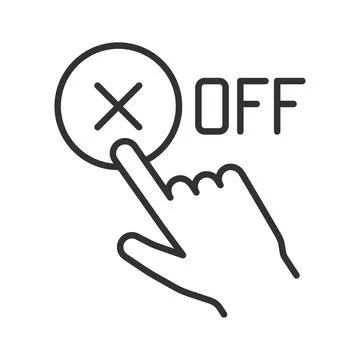 Hand pressing off button to deactivate function icon in line design. Off, button Stock Illustration