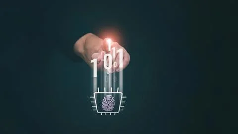 Hand pressing button with digital fingerprint and code Foto stock