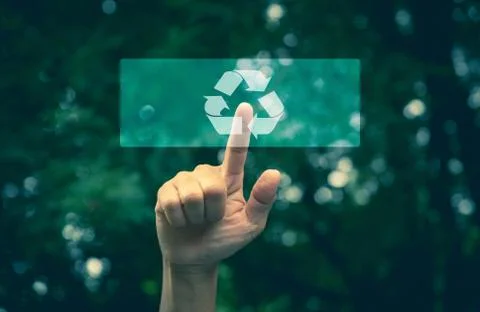 Hand pressing button ecology interface with arrow recycling. Han Stock Photos