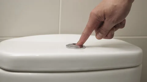 Hand pressing a button to flush water in toilet Vidéo 196509586