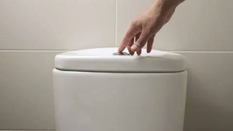 Hand pressing a button to flush water in toilet Vidéo 196509648