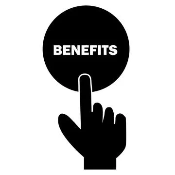 Hand pressing a button with the text BENEFITS icon on white background. Stock-Illustration