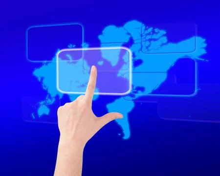 Hand pressing a button on a touch screen interface Illustrazione stock