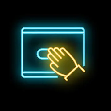 Hand pressing button on website interface neon sign on black background Illustrazione stock