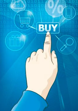 Hand pressing the buy button Ilustración de archivo