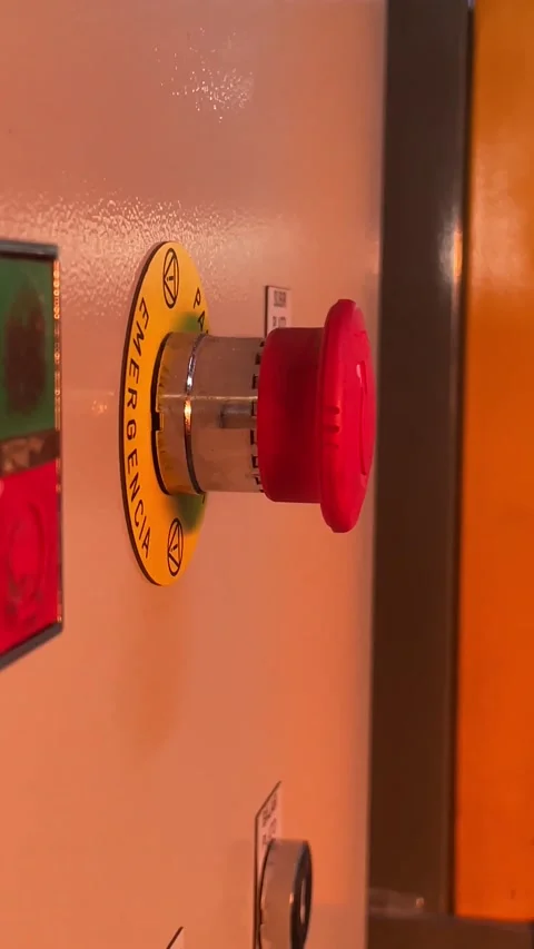 Hand pressing emergency stop button. 60fps 4K footage. Stock Footage 234459158