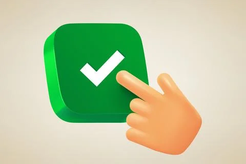 Hand pressing green button with checkmark. 3d vector illustration Stock Illustration