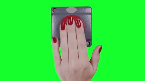 Hand pressing an industrial stop button green screen Stock Footage 319861511