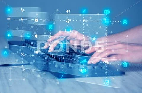 Hand pressing keyboard with high tech media icons Stock Photos