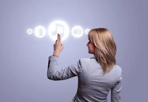 Hand pressing media player button 스톡 사진
