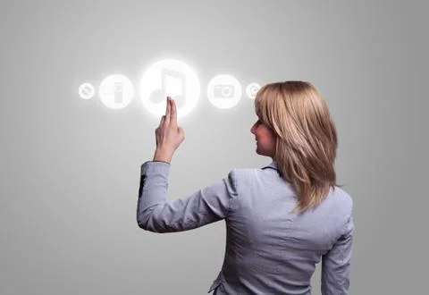 Hand pressing media player button 스톡 사진