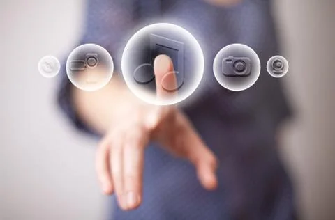 Hand pressing music button 스톡 사진