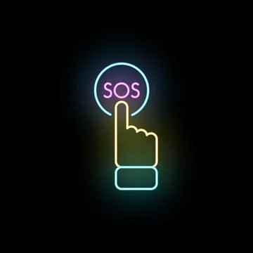 Hand pressing neon sos button for emergency help Stock Illustration